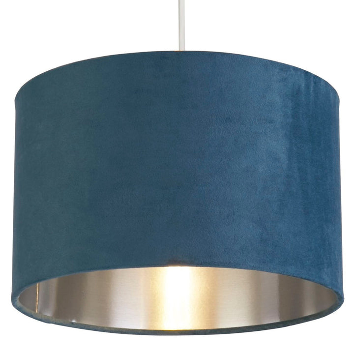 Teal Blue Velvet Vintage Easy Fit Drum Shade with Silver Interior 28cm | Kalsten