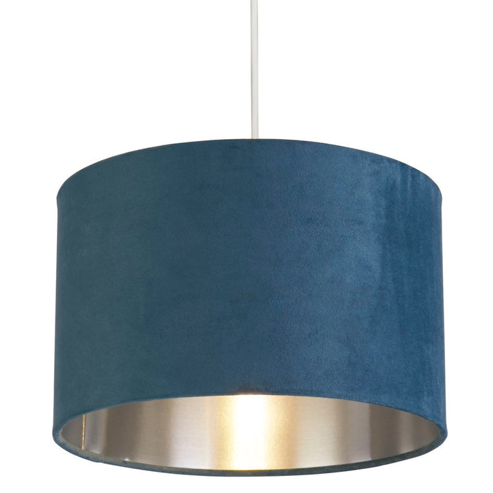 Teal Blue Velvet Vintage Easy Fit Drum Shade with Silver Interior 28cm | Kalsten