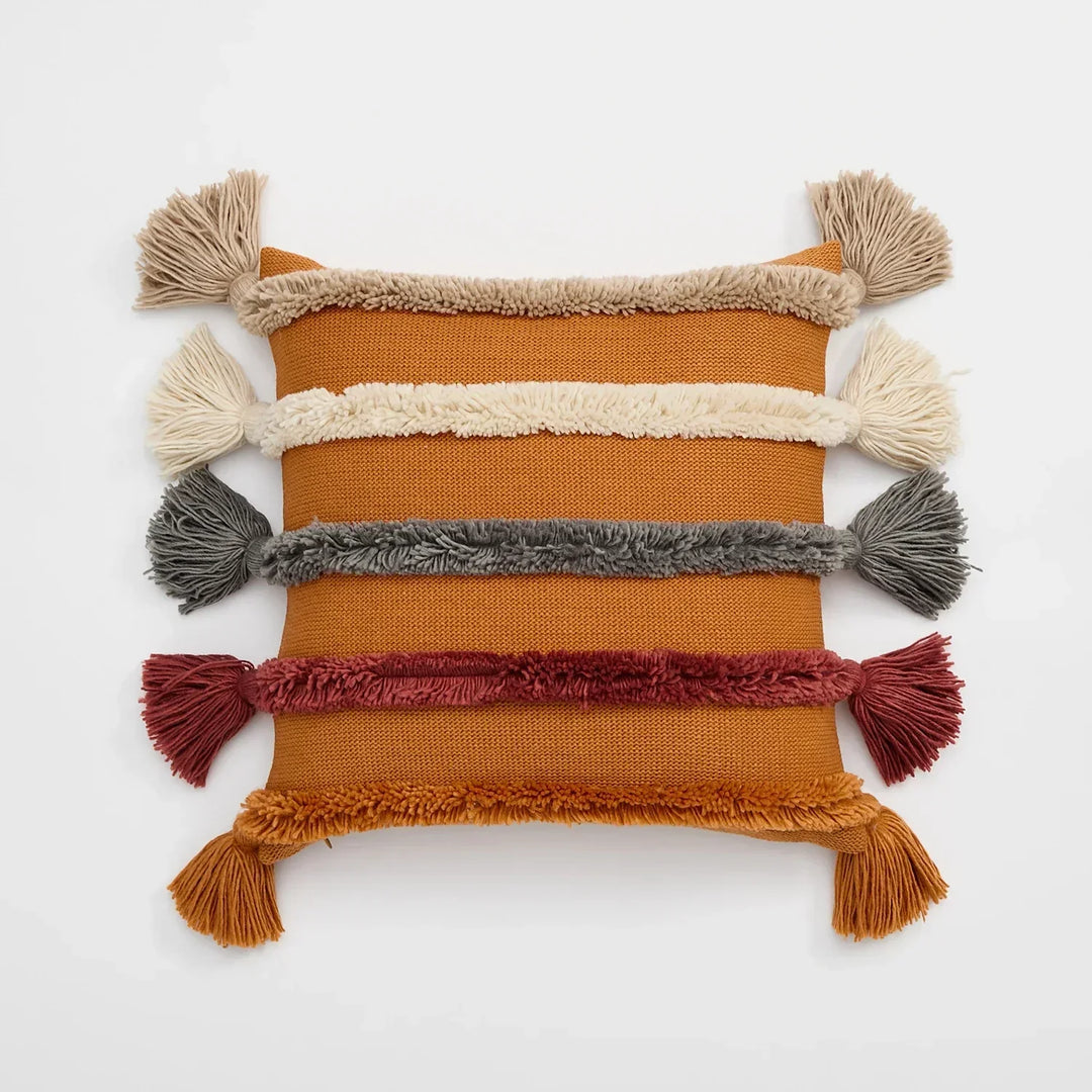 Bohemian Velour Cushion Cover - Woven Cushion Cover with Colorful Stripes and Fringes Kalsten
