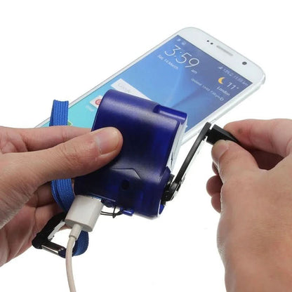 Portable emergency charger with hand crank, USB port and LED display