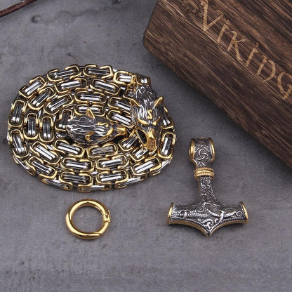 60–90 cm Stainless Steel Double Wolf Head & Mjolnir Survival Spirit Necklace/Bracelet