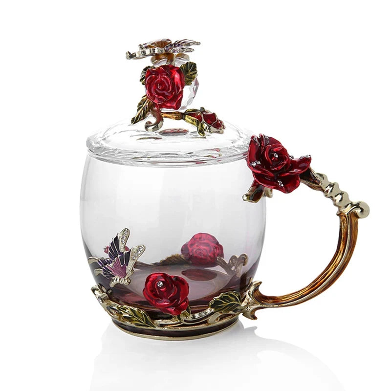 BowLift | Handcrafted Enamel Coffee Mugs Rose-Glass Tea Cup with Steel Spoon Luxury Unique Gifts for Wedding Valentine's Day Birthday Gifts