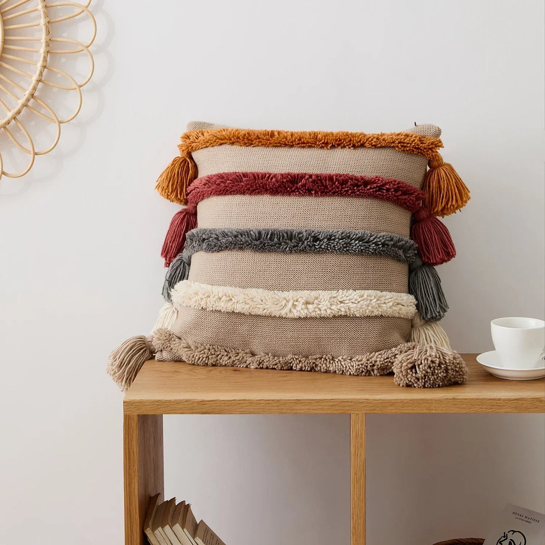 Bohemian Velour Cushion Cover - Woven Cushion Cover with Colorful Stripes and Fringes Kalsten