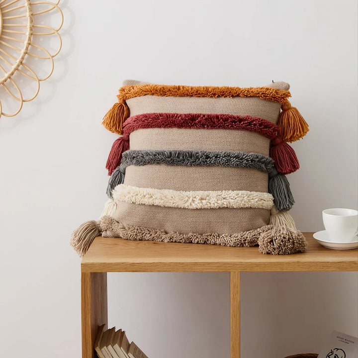 Bohemian Velour Cushion Cover - Woven Cushion Cover with Colorful Stripes and Fringes Kalsten