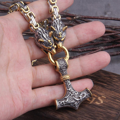 BowLift | 60–90 cm Stainless Steel Double Wolf Head & Mjolnir Survival Spirit Necklace/Bracelet