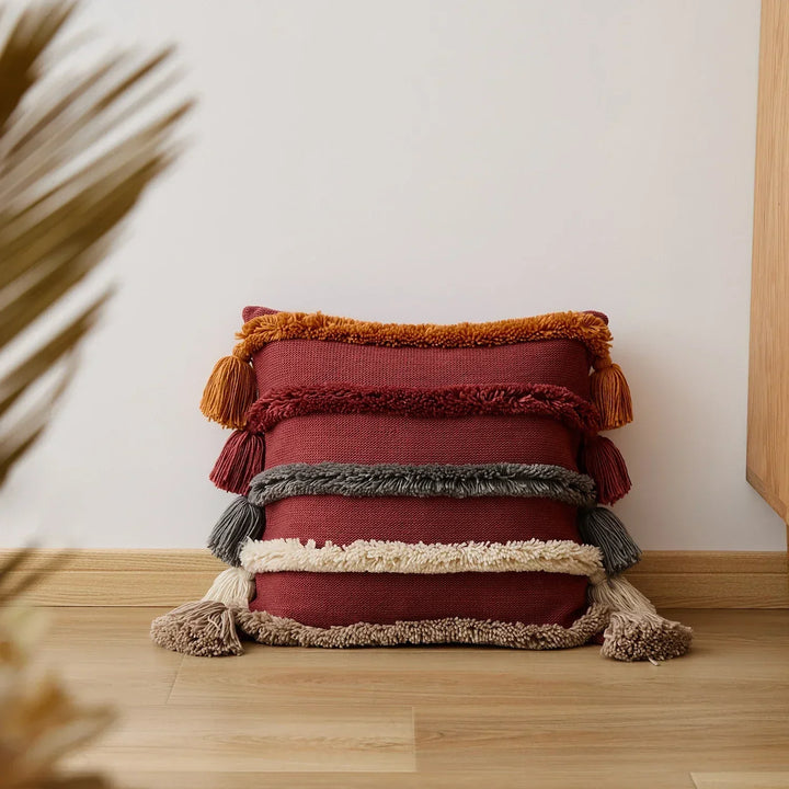 Bohemian Velour Cushion Cover - Woven Cushion Cover with Colorful Stripes and Fringes Kalsten