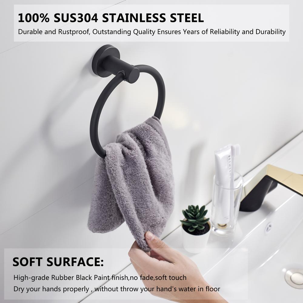 Kalsten | Towel ring made of 304 stainless steel in chrome, Round simple design, Black, European bathroom accessories, Rustproof