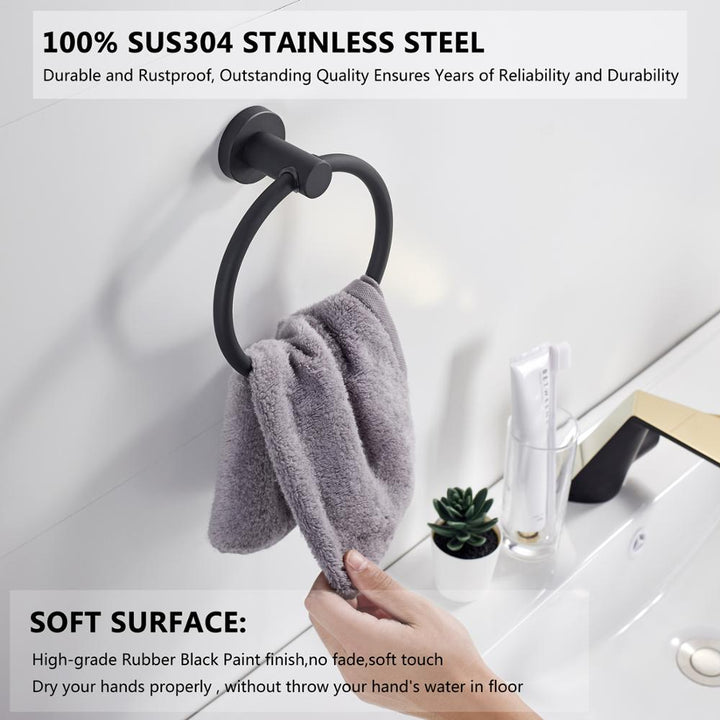Kalsten | Towel ring made of 304 stainless steel in chrome, Round simple design, Black, European bathroom accessories, Rustproof