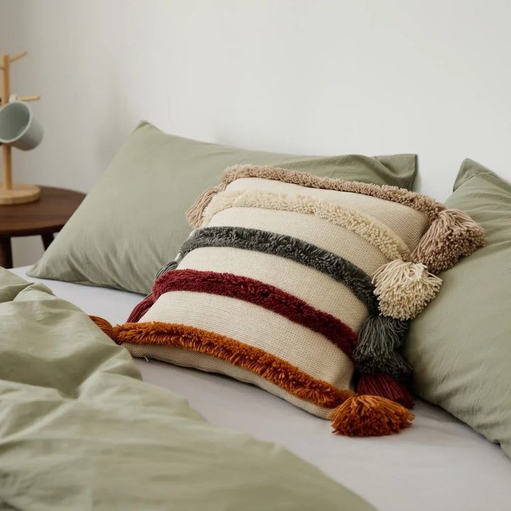 Bohemian Velour Cushion Cover - Woven Cushion Cover with Colorful Stripes and Fringes Kalsten