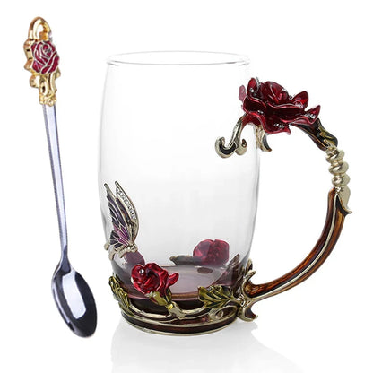 BowLift | Handcrafted Enamel Coffee Mugs Rose-Glass Tea Cup with Steel Spoon Luxury Unique Gifts for Wedding Valentine's Day Birthday Gifts