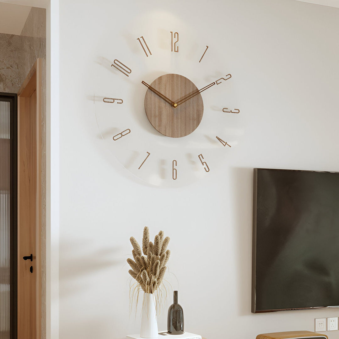 ClearWood Transparent Wall Clock – Silent Quartz with Wooden Details | Kalsten