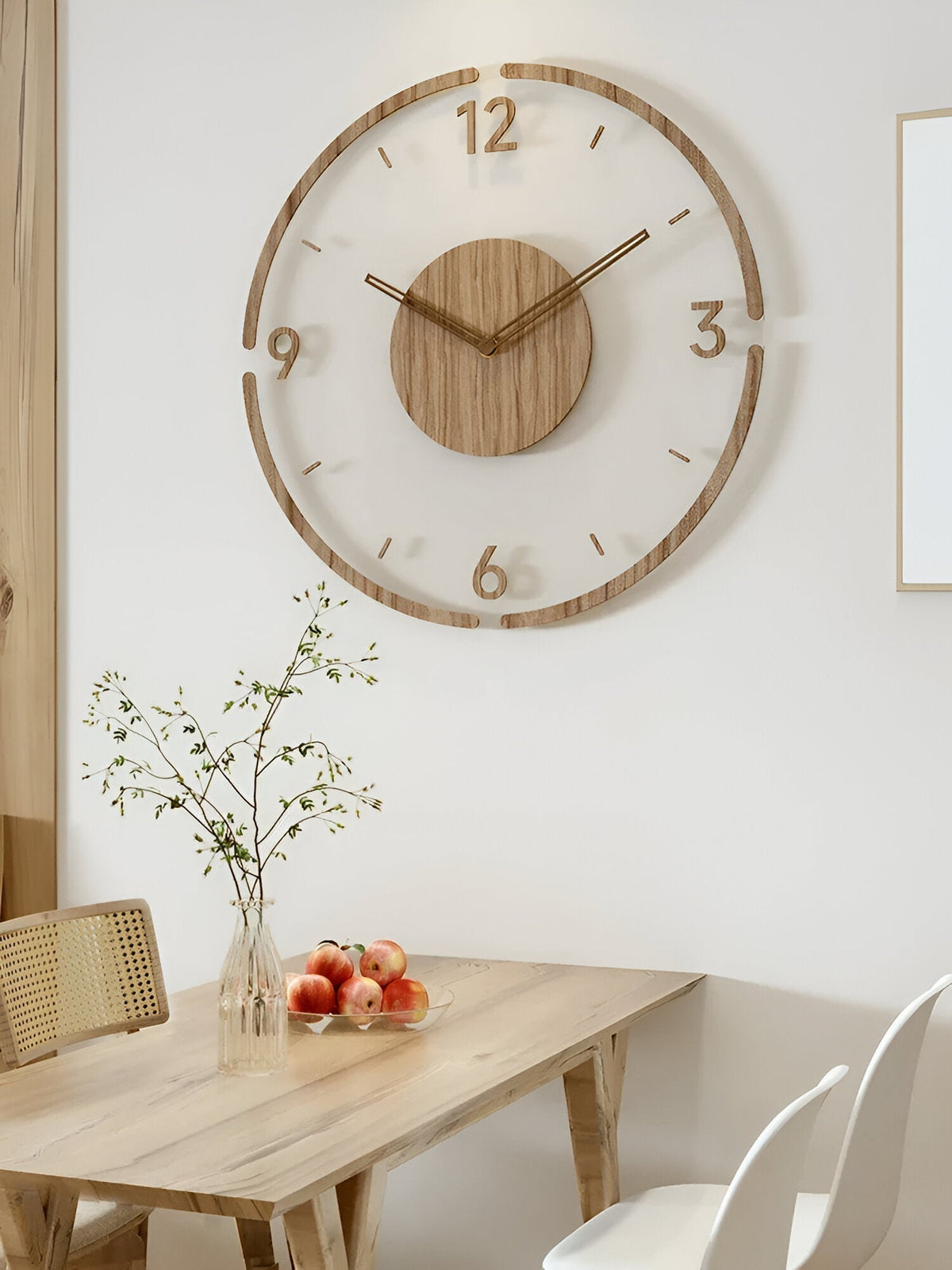 Skanto | ClearWood Transparent Wall Clock – Silent Quartz with Wood Details