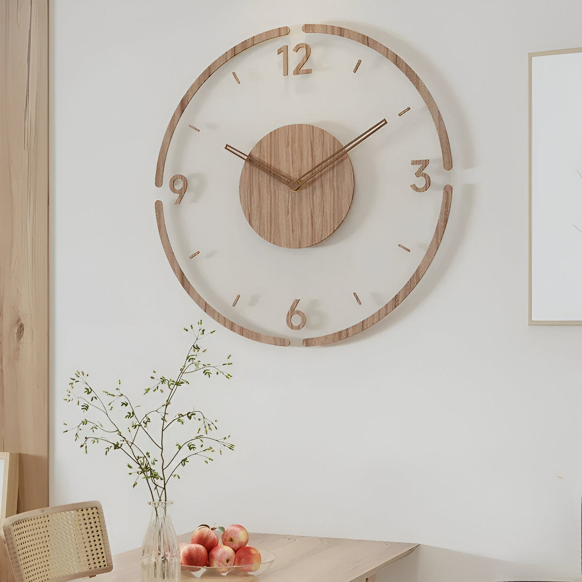 Skanto | ClearWood Transparent Wall Clock – Silent Quartz with Wood Details