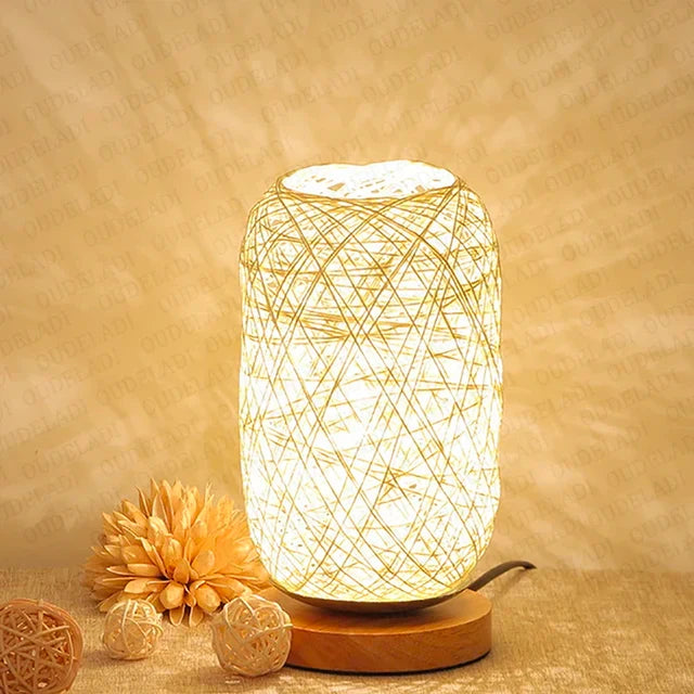 HolzLuma LED Table Lamp | Handmade from Wood & Rope | Warm White Light | For Bedroom & Living Room | Kalsten