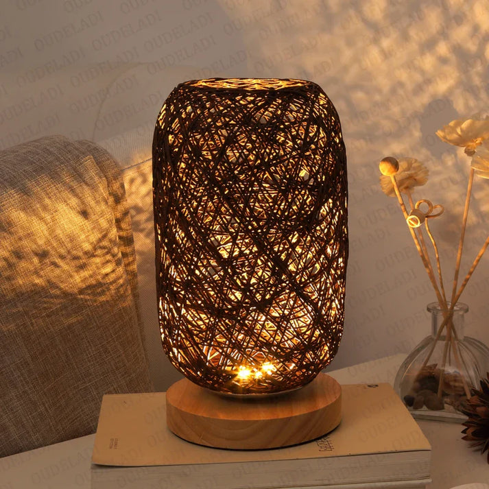 HolzLuma LED Table Lamp | Handmade from Wood & Rope | Warm White Light | For Bedroom & Living Room | Kalsten