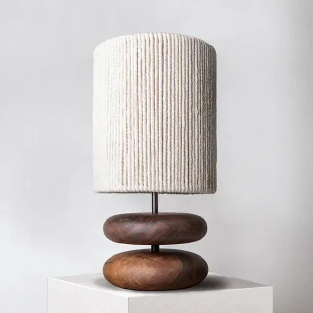 Rustic table lamp made of walnut wood with linen shade – Natural lighting for living room | Kalsten