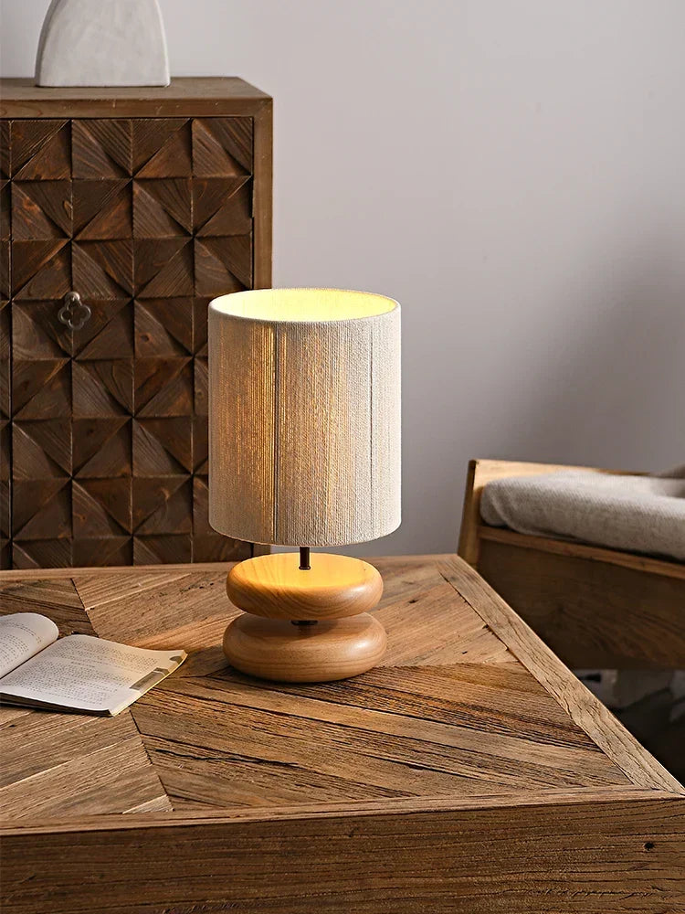 Rustic table lamp made of walnut wood with linen shade – Natural lighting for living room | Kalsten