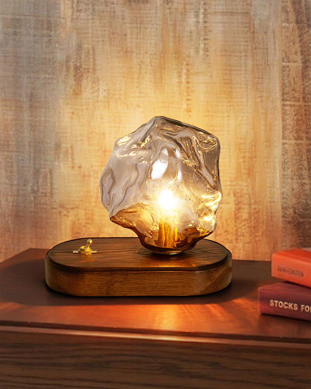 RusticLume – Amber Glass and Wooden Table Lamp | Kalsten