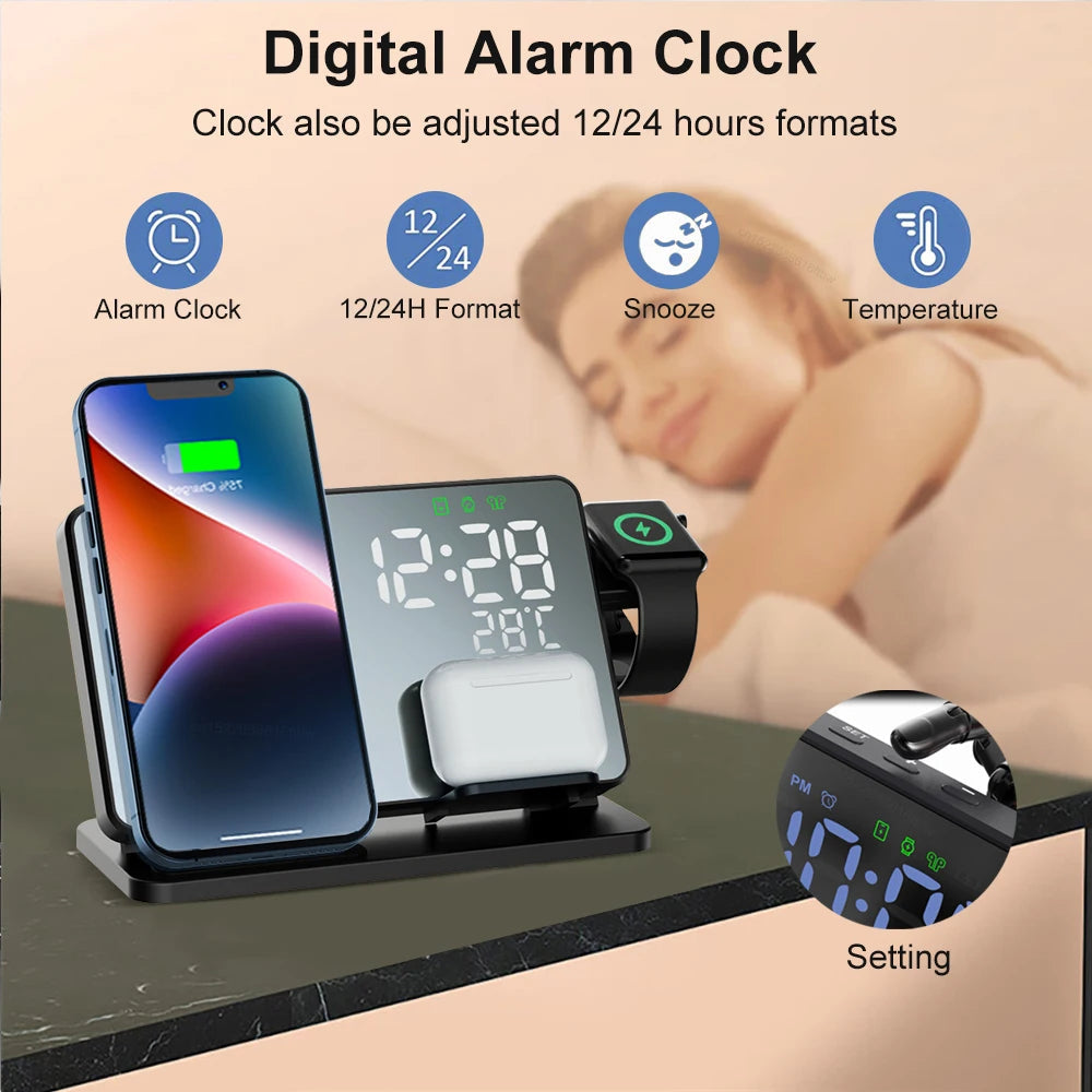 Kalsten | 3-in-1 Fast Charging Station | Premium Wireless Fast Charger Docking Station with Alarm Clock | for Apple iPhone, Watch & AirPods