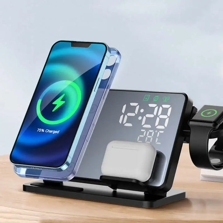 Kalsten | 3-in-1 Fast Charging Station | Premium Wireless Fast Charger Docking Station with Alarm Clock | for Apple iPhone, Watch & AirPods