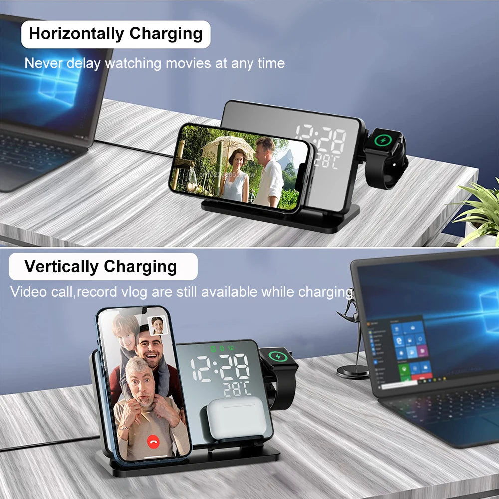 Kalsten | 3-in-1 Fast Charging Station | Premium Wireless Fast Charger Docking Station with Alarm Clock | for Apple iPhone, Watch & AirPods