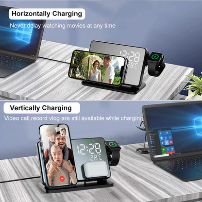 Skanto | 3-in-1 Fast Charging Station | Premium Wireless Charging Dock with Alarm Clock | for Apple iPhone, Watch & AirPods