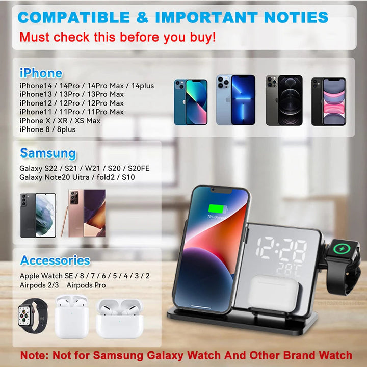 Kalsten | 3-in-1 Fast Charging Station | Premium Wireless Fast Charger Docking Station with Alarm Clock | for Apple iPhone, Watch & AirPods