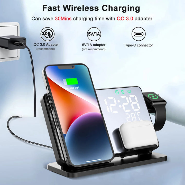 Kalsten | 3-in-1 Fast Charging Station | Premium Wireless Fast Charger Docking Station with Alarm Clock | for Apple iPhone, Watch & AirPods