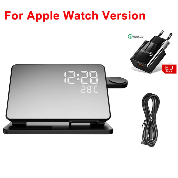 Kalsten | 3-in-1 Fast Charging Station | Premium Wireless Fast Charger Docking Station with Alarm Clock | for Apple iPhone, Watch & AirPods