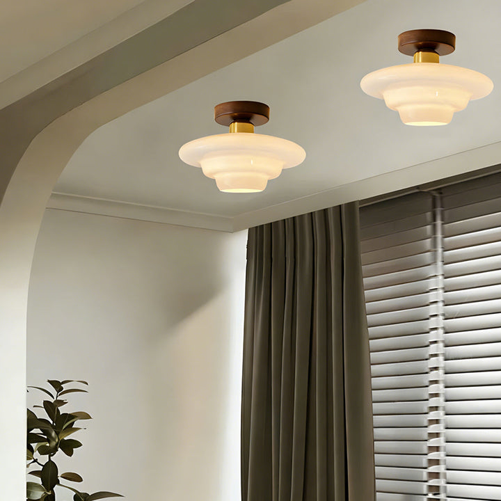 Ceiling Light Walnut Solid Wood 11.8 in Glass Shade Indoor Entryway Corridor Dining Area | Kalsten