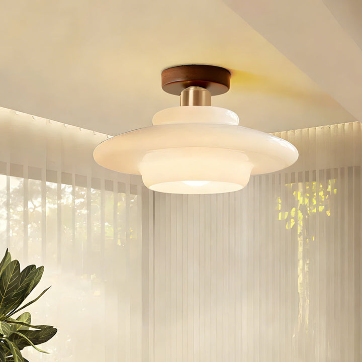Ceiling Light Walnut Solid Wood 11.8 in Glass Shade Indoor Entryway Corridor Dining Area | Kalsten