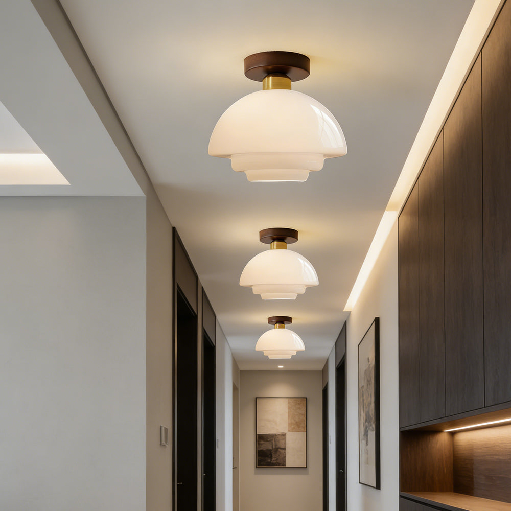 Ceiling Light Walnut Solid Wood 11.8 in Glass Shade Indoor Entryway Corridor Dining Area | Kalsten