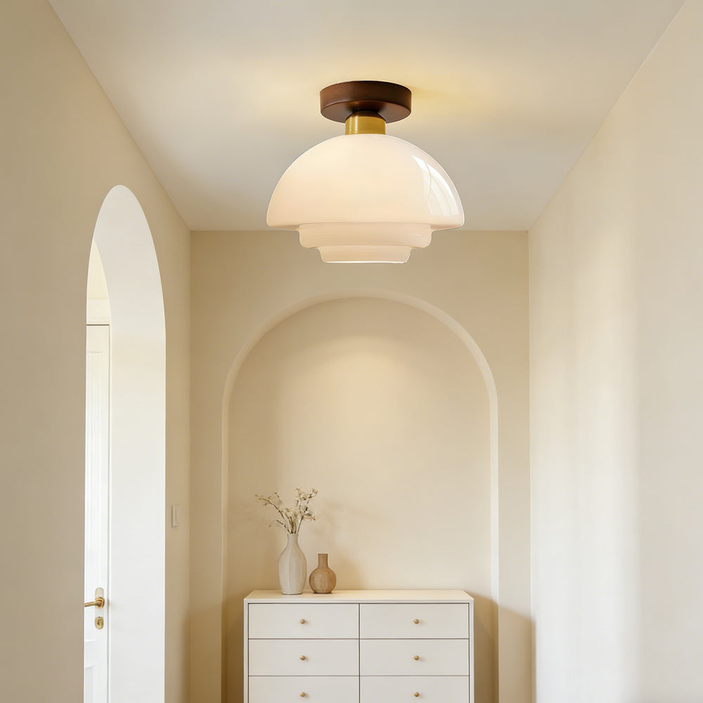 Ceiling Light Walnut Solid Wood 11.8 in Glass Shade Indoor Entryway Corridor Dining Area | Kalsten