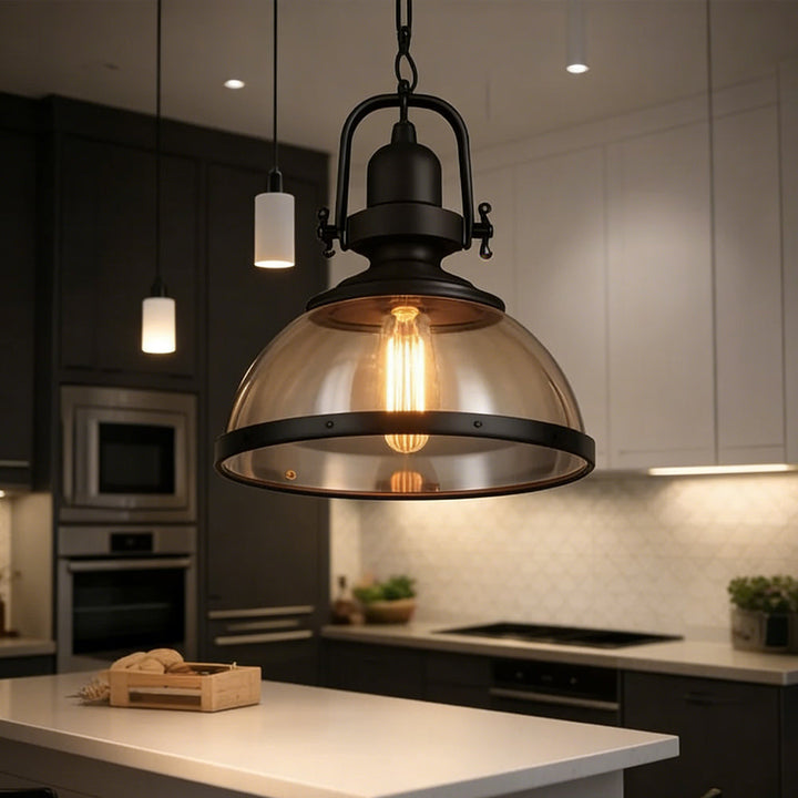 Pendant Light Iron Glass 12.2 in Indoor Dining Room Kitchen Island Bedroom Hanging Lamp Vintage Style | Kalsten
