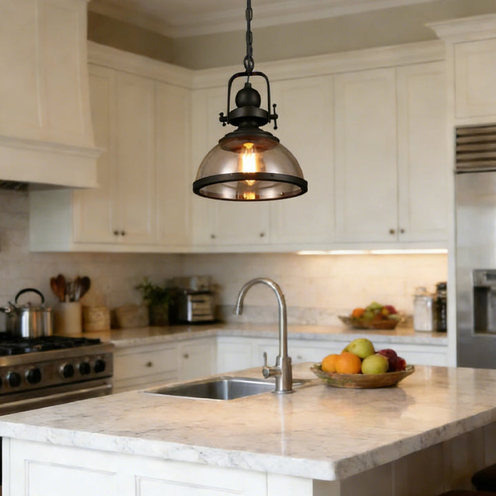 Pendant Light Iron Glass 12.2 in Indoor Dining Room Kitchen Island Bedroom Hanging Lamp Vintage Style | Kalsten