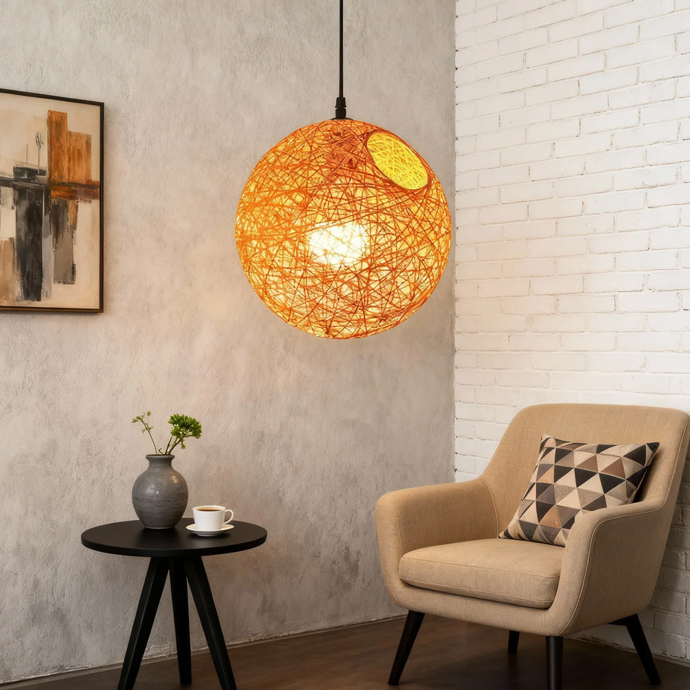 Pendant Light Rattan 15.8 in Indoor Dining Room Living Room Hanging Ceiling Lamp Soft Glow Decorative Accent | Kalsten