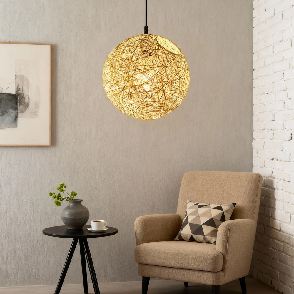 Pendant Light Rattan 15.8 in Indoor Dining Room Living Room Hanging Ceiling Lamp Soft Glow Decorative Accent | Kalsten