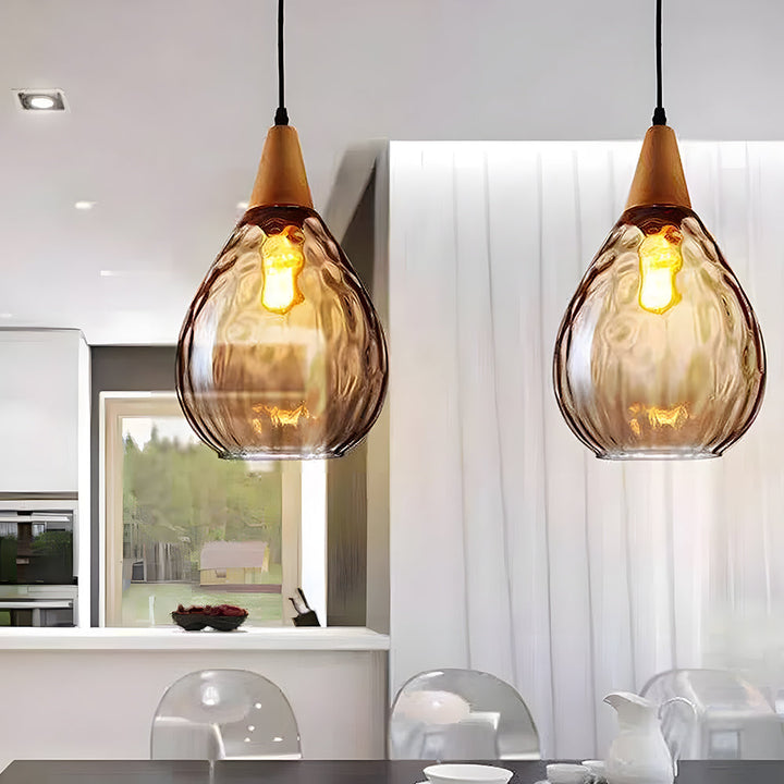 Pendant Light Glass Wood 12 in Warm Glow Indoor Dining Room Living Room Hanging Ceiling Lamp | Kalsten