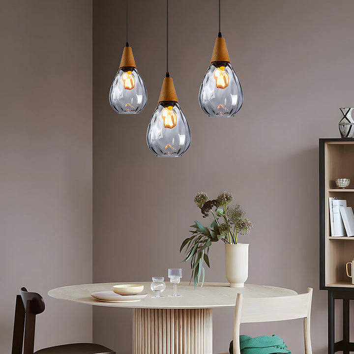 Pendant Light Glass Wood 12 in Warm Glow Indoor Dining Room Living Room Hanging Ceiling Lamp | Kalsten