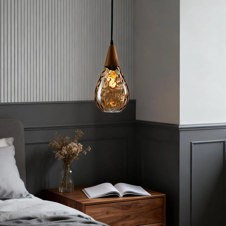 Pendant Light Glass Wood 12 in Warm Glow Indoor Dining Room Living Room Hanging Ceiling Lamp | Kalsten