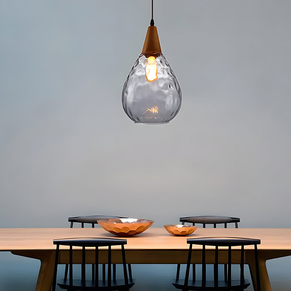 Pendant Light Glass Wood 12 in Warm Glow Indoor Dining Room Living Room Hanging Ceiling Lamp | Kalsten