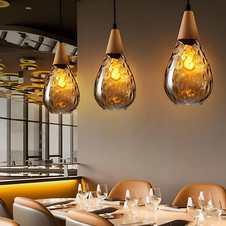 Pendant Light Glass Wood 12 in Warm Glow Indoor Dining Room Living Room Hanging Ceiling Lamp | Kalsten