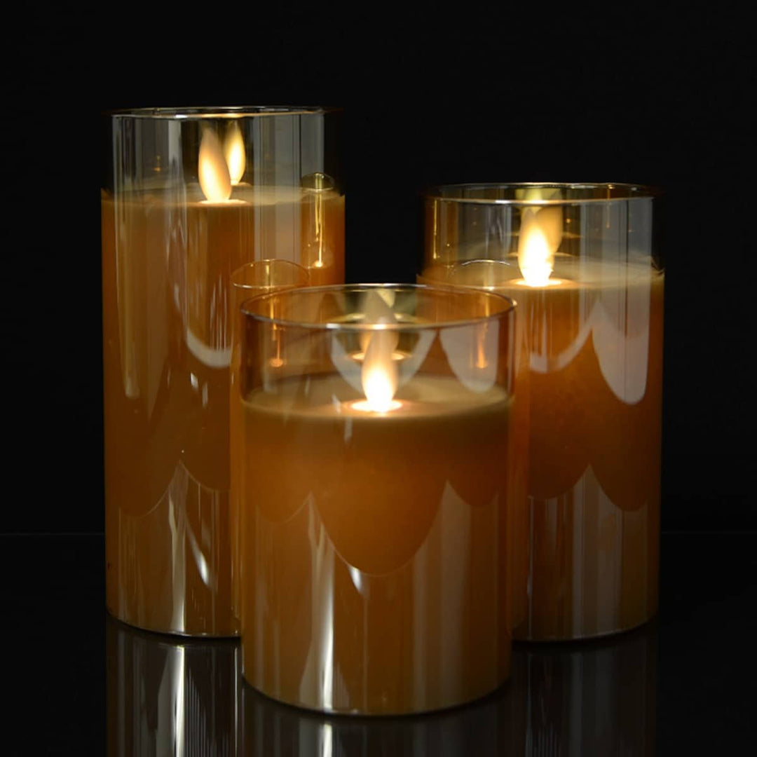 LED Candle in Glass with Moving Flame and Remote Control - Gold - 3 Pieces | Kalsten