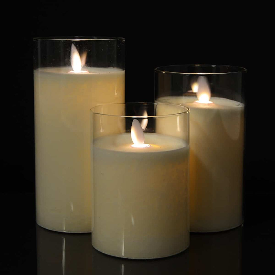 LED Candle in Glass with Moving Flame and Remote Control -White- 3 pieces. | Kalsten