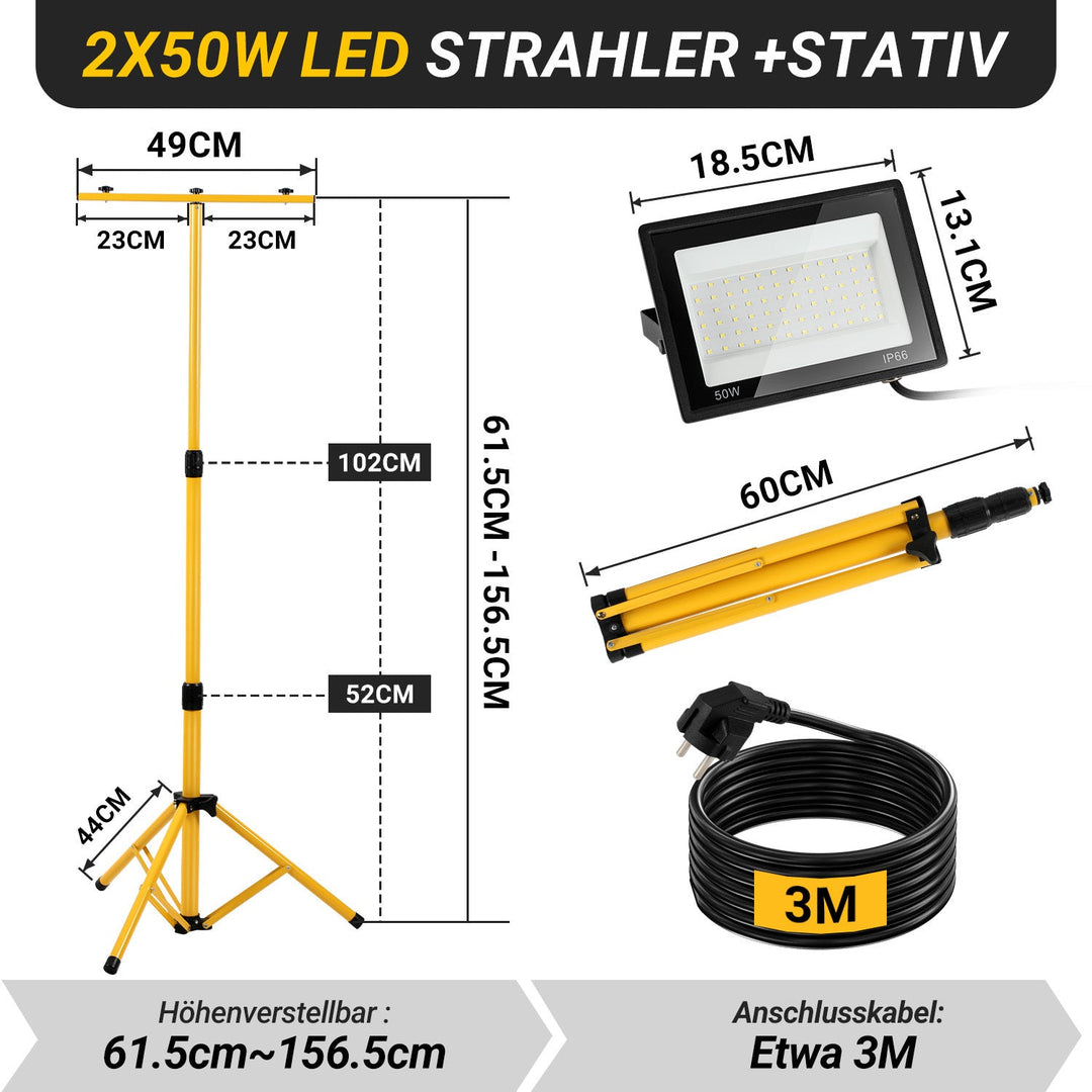 LED Construction Spotlight 2 x 50W/100W/200W with Tripod Adjustable | Kalsten