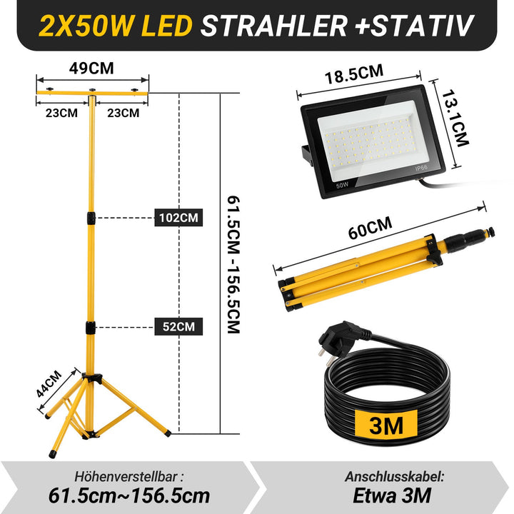 LED Construction Spotlight 2 x 50W/100W/200W with Tripod Adjustable | Kalsten