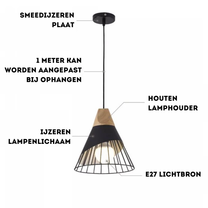Modern Industrial Pendant Light in Scandinavian Style – Wood & Metal Kalsten