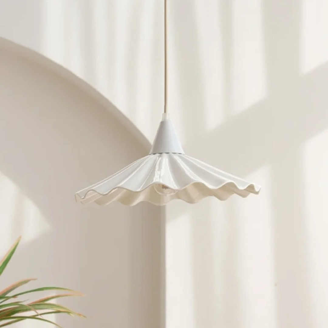Modern White Ceramic Pendant Lamp with Unique Ribbed Design Kalsten