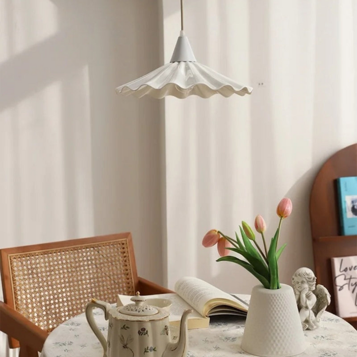 Modern White Ceramic Pendant Lamp with Unique Ribbed Design Kalsten