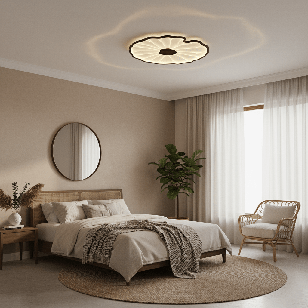Lotus Leaf Flush Mount Light 11.8 in Acrylic Metal Ceiling Fixture Walnut Natural Wood Indoor Lighting | Kalsten